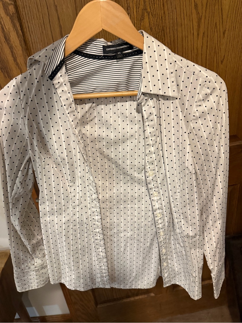 Express White Button-Up Shirt with Navy Dot Pattern